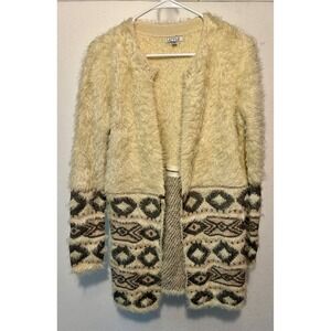 Style Women Cream Eyelash Fuzzy Southwestern Geometric Open Cardigan Sweater L